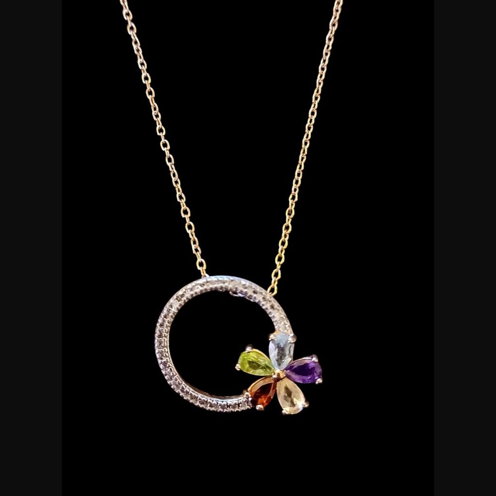 Ross Simmons 925 Sterling Gold Vermeil Stone Diamond Chip 22.2mm Necklace 18"
